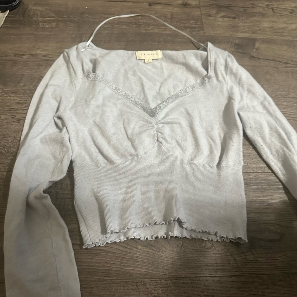 La Hearts Gray Tie Front Crop Blouse
